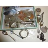 Box of coins, silver and silver plated items, spoons etc.