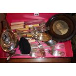 Silver plated tea pot and cutlery with framed print of Christ