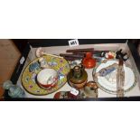 Miniature figures, butter knives, pottery bird, cut glass scent bottle etc.