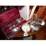 Silver plated cutlery set in case, Modernist tumbler and napkin ring set, etc.