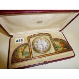 Fine painted enamel dressing table clock with mother of pearl dial. By Brooking of Madrid in good