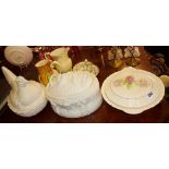 Portmeirion game pie dish, chicken in a basket, two 1930s jugs, etc. (6)