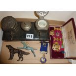 Chinese pewter desk inkstand, RAOB jewels or medals in case, Chad Valley metal horse from Escalado