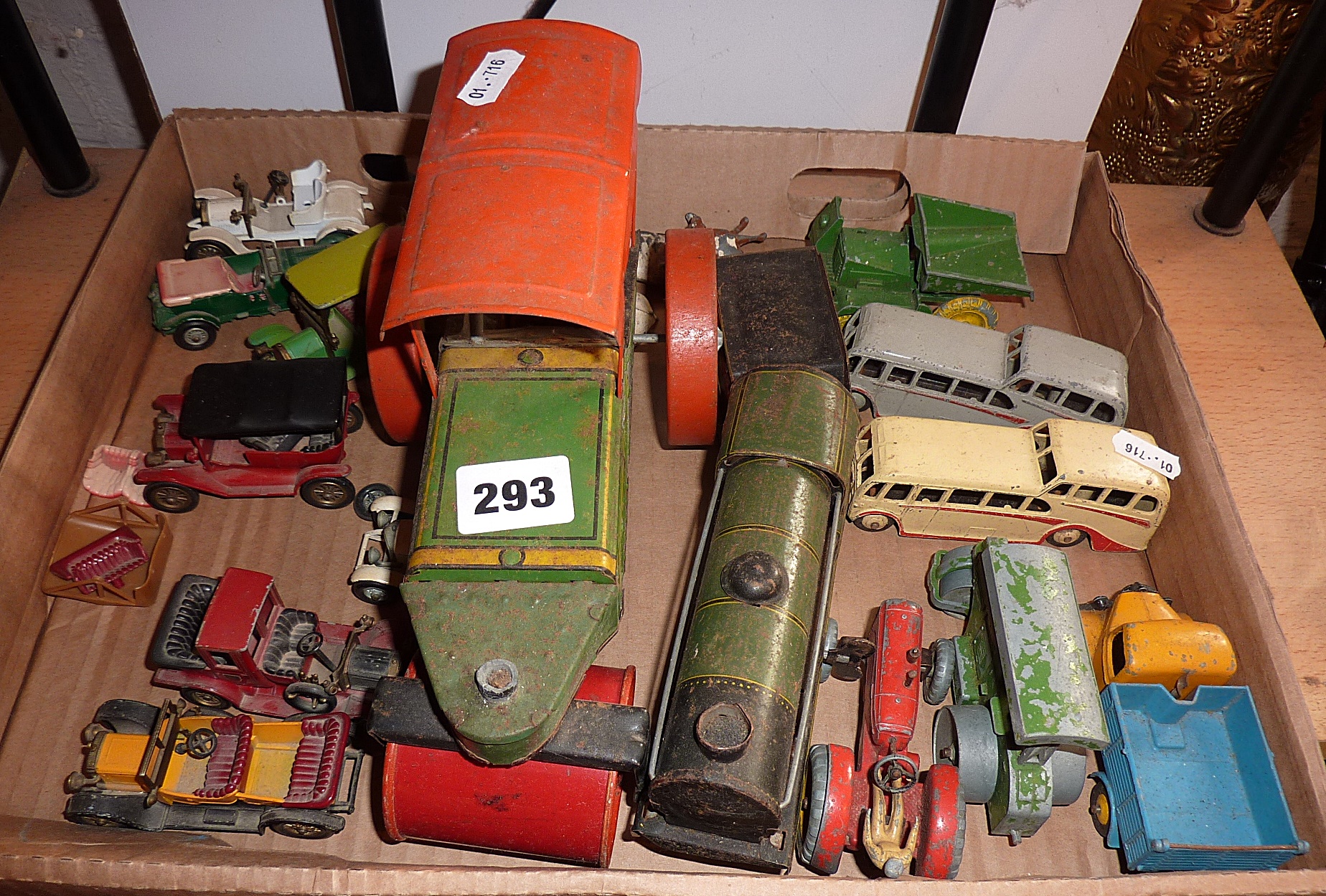 Tin plate clockwork traction engine, two Dinky Observation coaches, Bedford Tipper truck and other