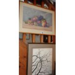 Watercolour still life with fruit by J.G. HARRISON and a pen and ink drawing of a tree outline