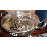Silver plated bowl containing some scrap silver, with plated knife rests, Danish candleholder,