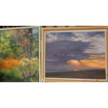 Two oils on canvas by local artist, Jack COX - one of a sunset over and the other of woodland with