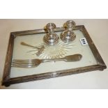 Glass tray with hallmarked silver rim and feet, silver cutlery and candlestick pair