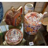 20th c. Chinese picnic basket tea pot, a Japanese moon shaped Satsuma tea pot and a similar vase