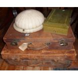 Two leather suitcases (A/F), a jewel box and an alabaster light shade