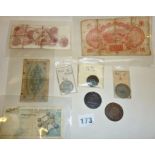 Old banknotes, coins and tokens, inc. a 10 shilling note, 1811 Cornish penny, and an 1811 One
