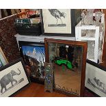 Three animal prints, a modern Renault advertising mirror and a large framed colour print after Dali