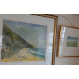 Robert Freame (xx) gouache on canvas board coastal scene of Charmouth Beach together with a small