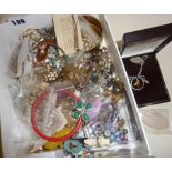 Box of costume jewellery, beads, 1945 silver enamelled Penny Farthing, etc.