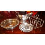 Silver pintray, and silver plated sauce boat, wine coaster and toast rack