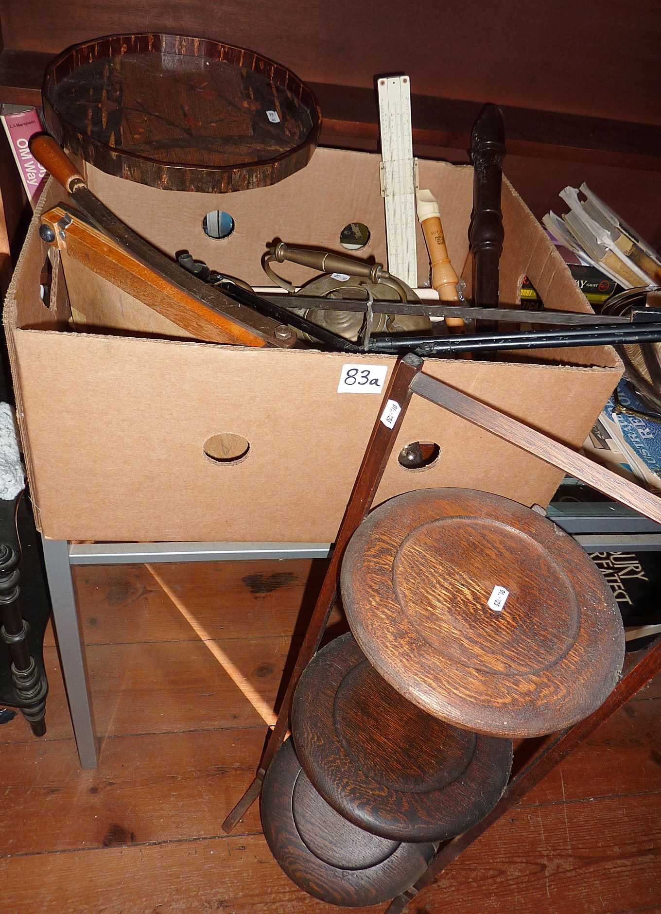 Box containing draughtsman's tools, recorder, guillotine, and a folding oak cakestand