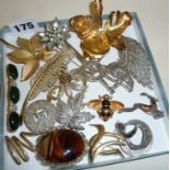 Collection of mid century and later brooches inc. enamel and marcasite leaping deer, textured