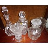 Cut glass decanters, vase, biscuit barrel etc.