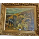 Gilt framed picture of two sporting dogs and game in the style of John Gifford