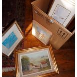 Six assorted framed prints and an oil on board of Colyton