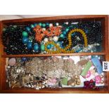 Large wooden tray containing costume jewellery, some A/F