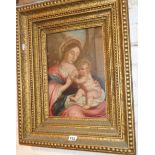 Old oil on canvas (re-lined) of the Madonna and Child in bold giltwood frame, after Jacapo or