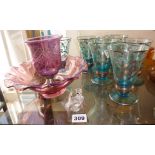Six silver overlay drinking glasses, two cranberry type glass pieces and a glass owl and pussycat in