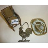 Egyptian brass throne, brass cockerel label and a German bronze boar hoof Forest Officer trophy (