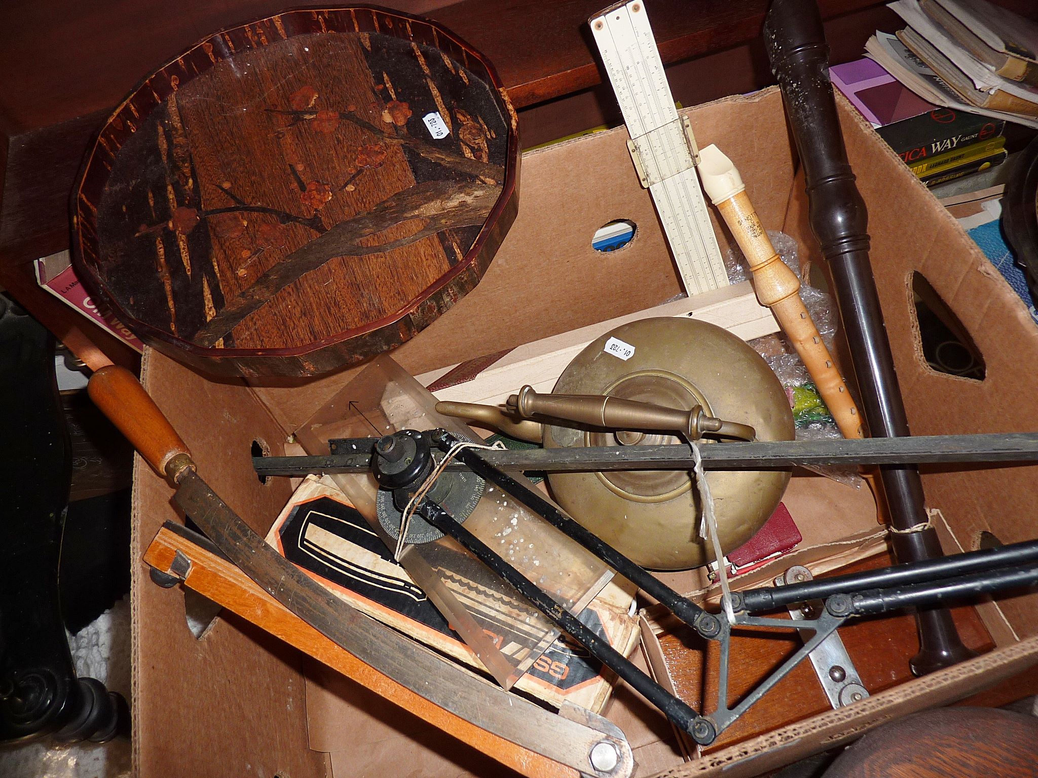 Box containing draughtsman's tools, recorder, guillotine, and a folding oak cakestand - Image 2 of 2