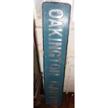 Painted metal nameplate "Oakington Garth", blue background with brushed steel