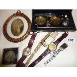 Vintage wrist watches, makers inc. Roma, Sekonda, Favre-Leuba, etc., scales in case and small framed
