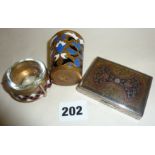 Russian cloisonne glass lined salt, a cloisonne cup and a silver plated and enamelled box