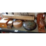 Various wood and lacquer boxes, oak pen tray, and a pair of wooden elephant bookends