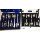 Two cased sets of hallmarked silver spoons - Art Deco coffee spoons and engraved tea spoons