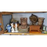 Shelf of assorted items, inc. Doulton Stoneware jardiniere, Chinese carved bamboo brush pot (A/F), 8