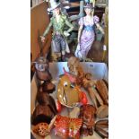 Carved wooden animals and figures with a pair of Continental china figures (A/F)