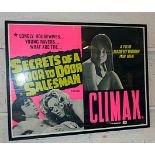 Two large 1960s retro framed movie posters for "Secrets of a Door to Door Salesman" and "