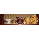 19th c. Lustre jug, Devon slipware mugs (A/F), a rare pottery jug by Sidney Keen of Clevedon Pottery