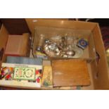 Box of assorted items, inc. silver plated cutlery, dominoes, etc.