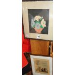 Art Deco colour woodcut print of still life with flowers, signed and another print