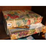 Fabric covered craft box with compartments and drawer containing old rug making tools and lacy