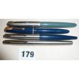 Four Parker Pens inc. a Dove Grey Parker 51 and a blue Slimfold