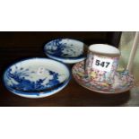 A pair of antique Chinese blue and white painted porcelain bowls with 4 character marks under, and a