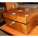 Victorian burr walnut work box with secret drawer and key