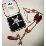 Ethnic white metal and amber necklace with Art Deco diamante star brooch in case (A/F)