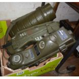 Pair German made military walkie-talkies and an army tin cased gas mask
