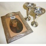Art Nouveau silver photo frame and pair of hallmarked silver vases