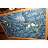 Large Indonesian framed painting on fabric of birds and foliage