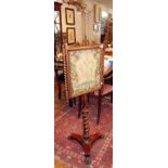 Mid 19th c. rosewood pole screen with tapestry panel flanked by barleytwist columns and finials on