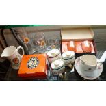 Collection of china and glass brewery items, inc. three small Wade spirit barrels etc.